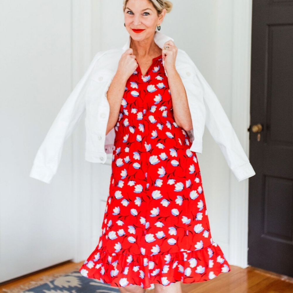 TALBOTS RED DRESS Women's Size 16 floral blogger favorite